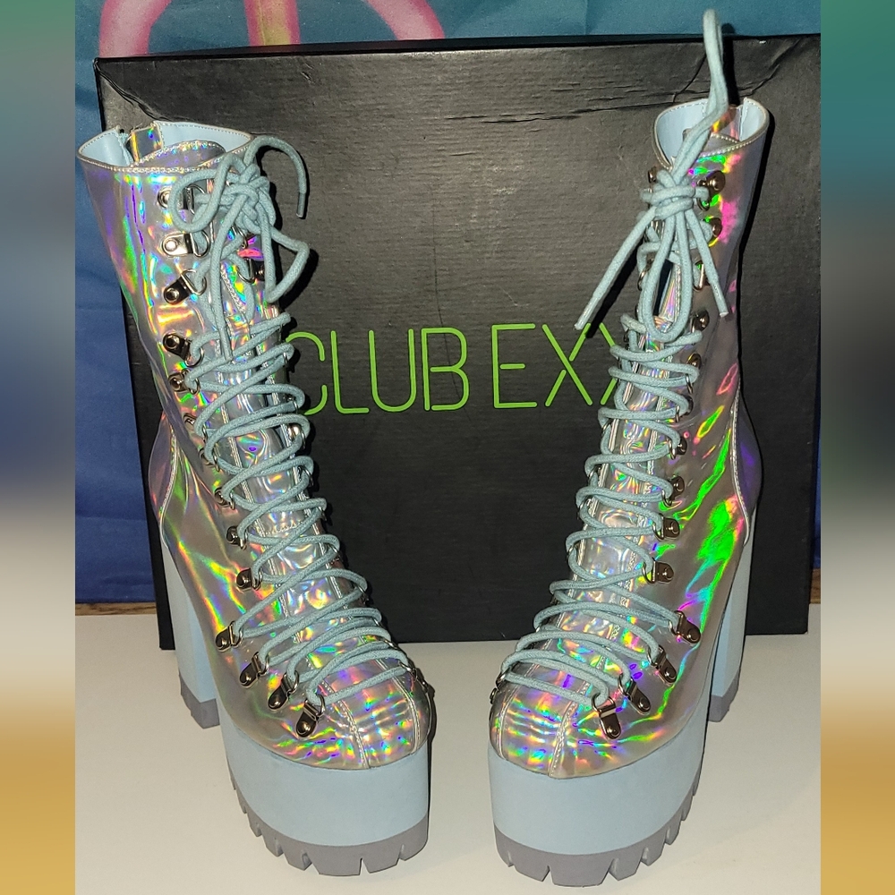 Club Exx Frostbitten Platform Boots, Rainbow Holographic, size 8
